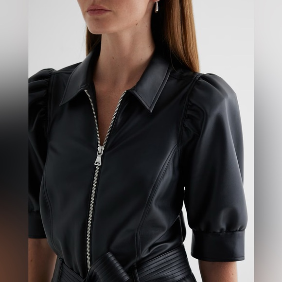 NWT Express L Faux Leather Black Puff Sleeve Tie Waist Straight Leg Jumpsuit - Picture 6 of 11